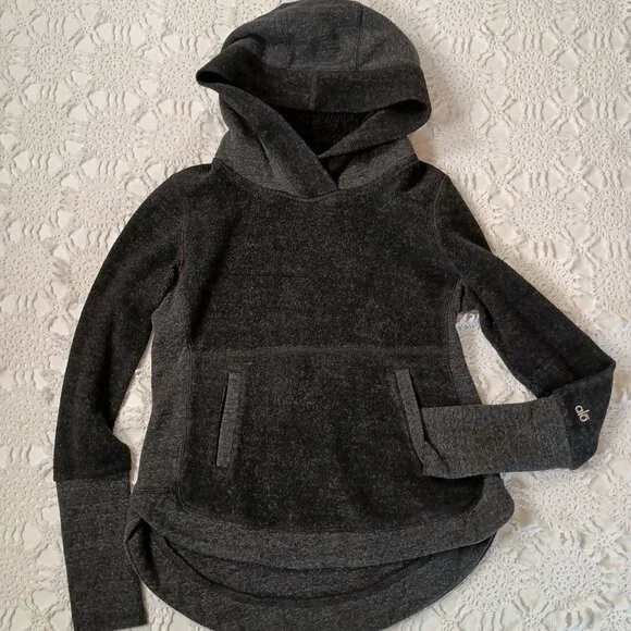 Alo Hoodie Sweatshirt Gray Pullover Fur Lined Hood Kangaroo Pocket Large Women L - Picture 4 of 11